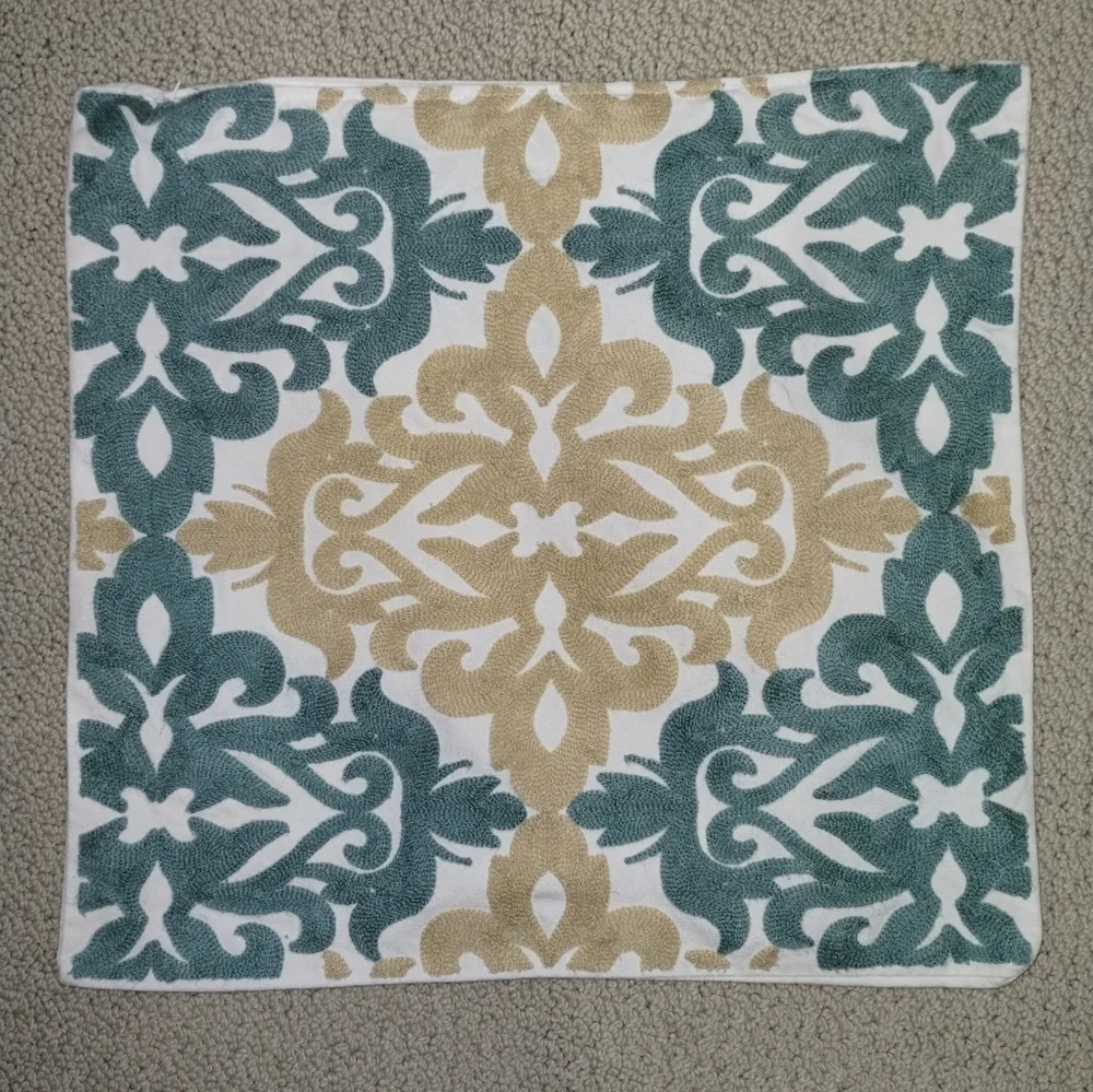 Stitched Teal and Gold on Woven Cream Cotton Fabric Throw Pillow Cover  (18 in)